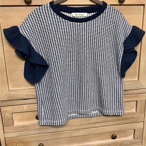 Navy and Cream Ruffle Sleeve Top by Blue Tassel